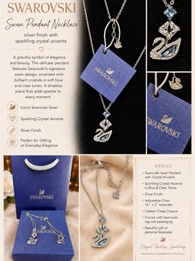 Swarovski Silver Swan Necklace with Blue and Clear Crystals